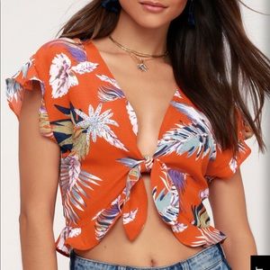 RUST ORANGE TROPICAL PRINT TIE-FRONT CROP TOP